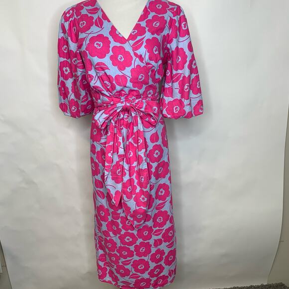 Charter Club Pink Blue Mod Floral Pattern Wrap Dress Linen Blend Small Petite - Picture 1 of 10